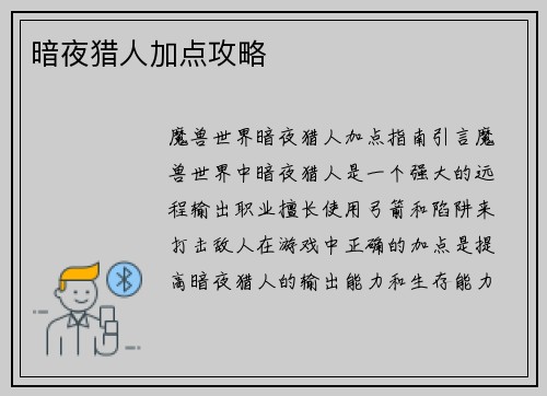 暗夜猎人加点攻略